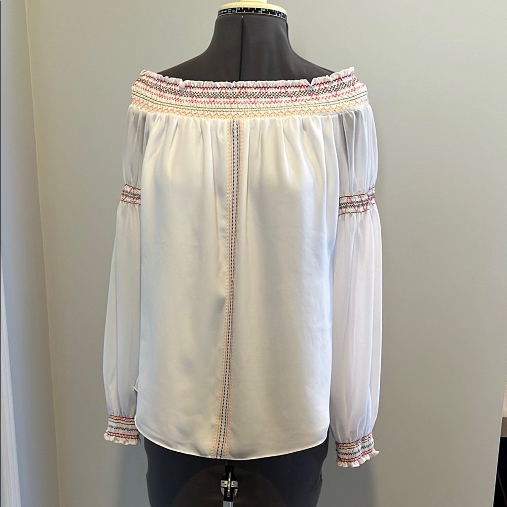 White House Black Market White Cuffed Sleeve Smocked Blouse